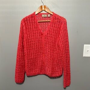 Nordstrom Stretchy Crochet Cardigan Knit Sweater, Vibrant Coral, Medium, EUC
